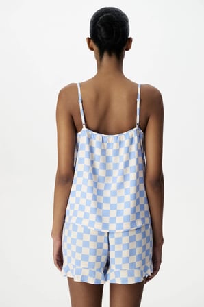 Mavi Gingham Dama Desenli Şort Pijama Takımı