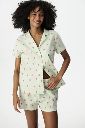 Yeşil Summer Breeze Gömlek Meyve Desenli Kısa Kollu Şort Pijama Takımı