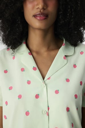 Yeşil Summer Breeze Gömlek Meyve Desenli Kısa Kollu Şort Pijama Takımı
