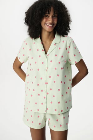 Yeşil Summer Breeze Gömlek Meyve Desenli Kısa Kollu Şort Pijama Takımı