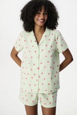 Yeşil Summer Breeze Gömlek Meyve Desenli Kısa Kollu Şort Pijama Takımı