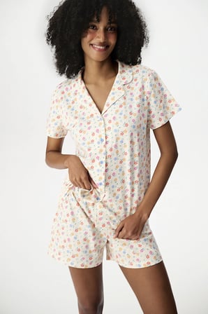 Renkli Floral Whisper Pamuklu Gömlek Şortlu Pijama Takımı