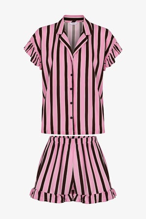 Kahverengi Lily Çizgili Gömlek Şortlu Pijama Takımı