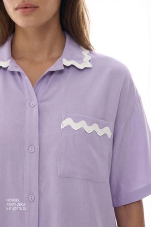 Lila Ella Gömlek Dantelli Kısa Kollu Şort Pijama Takımı