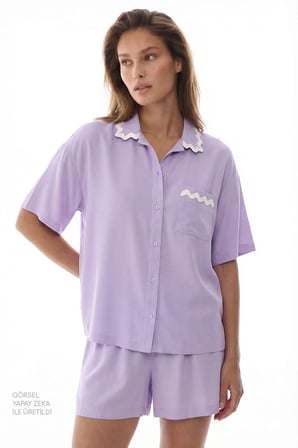 Lila Ella Gömlek Dantelli Kısa Kollu Şort Pijama Takımı