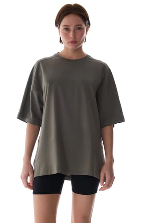 Haki Oversize Bisiklet Yaka Pamuklu Tişört