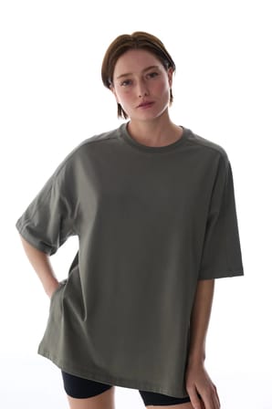 Haki Oversize Bisiklet Yaka Pamuklu Tişört