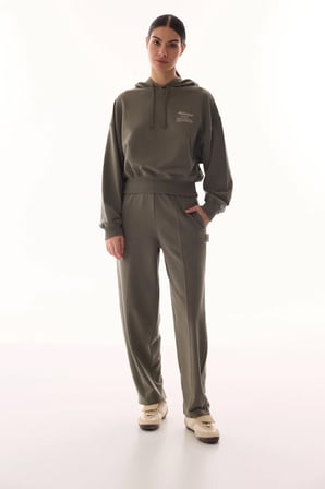 Haki Kapüşonlu Crop Uzun Kollu Sweatshirt