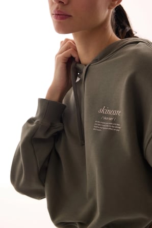 Haki Kapüşonlu Crop Uzun Kollu Sweatshirt