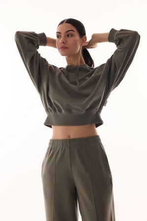 Haki Kapüşonlu Crop Uzun Kollu Sweatshirt