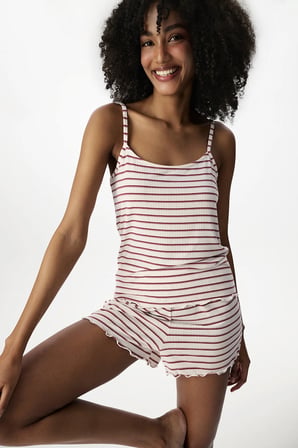 Bej Sisterhood Çizgili Şort Pijama Takımı