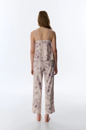 Pastel Bej Petal Saten Pantolon Pijama Altı