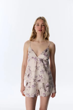 Pastel Bej Petal Saten Çiçekli Şort Pijama Altı