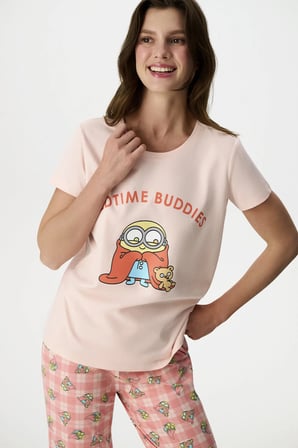 Açık Pembe Minions Pamuklu Pantolon Pijama Takımı