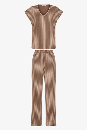 Kahverengi Hera Çizgili Dantelli Kısa Kollu Pantolon Pijama Takımı