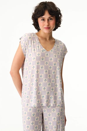Lila Ella Baskılı Pötikare Desenli Kısa Kollu Tişört Pijama Üstü