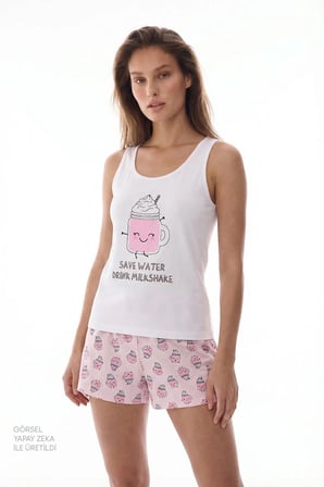 Pembe Milkshake İçecek Desenli Şort Pijama Takımı