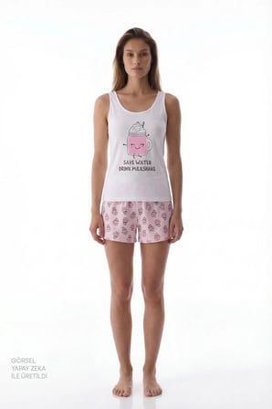 Pembe Milkshake İçecek Desenli Şort Pijama Takımı