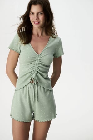 Yeşil Tiny Kalp Pointel Puantiye Desenli Kısa Kollu Şort Pijama Takımı