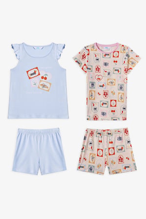 Açık Mavi Kız Çocuk French Meal Pamuklu 2'li Pijama Takımı