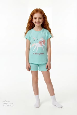 Kız Çocuk Mint Yesili The Garden Kısa Kollu 2'li Pijama Takımı