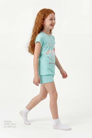 Kız Çocuk Mint Yesili The Garden Kısa Kollu 2'li Pijama Takımı