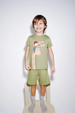 Erkek Çocuk Haki Dinozor The Field Kısa Kollu 2'li Pijama Takımı