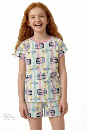 Kız Çocuk Pastel Sarı Sardines Cat Kısa Kollu 2'li Pijama Takımı