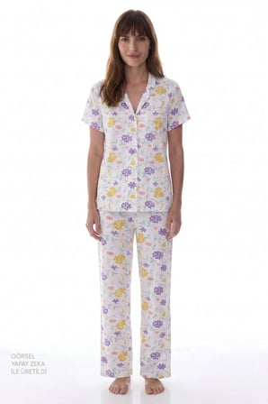 Kırık Beyaz Blossom Çiçekli Kısa Kollu Gömlek Pantolon Pijama Takımı