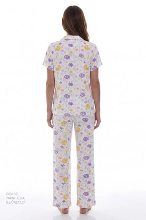 Kırık Beyaz Blossom Çiçekli Kısa Kollu Gömlek Pantolon Pijama Takımı