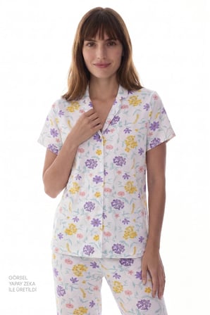 Kırık Beyaz Blossom Çiçekli Kısa Kollu Gömlek Pantolon Pijama Takımı