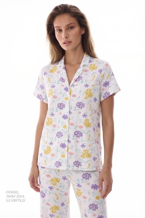 Kırık Beyaz Blossom Gömlek Pantolon Pijama Takımı