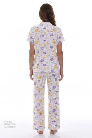 Kırık Beyaz Blossom Çiçekli Kısa Kollu Gömlek Pantolon Pijama Takımı