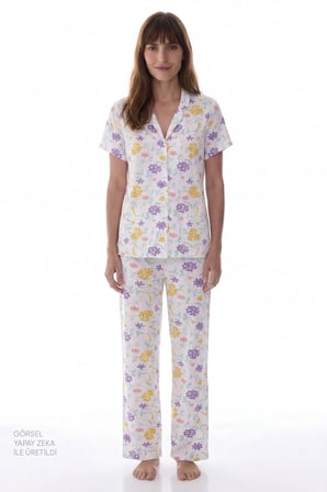 Kırık Beyaz Blossom Çiçekli Kısa Kollu Gömlek Pantolon Pijama Takımı