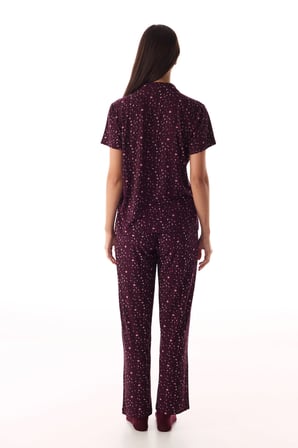 Bordo Leopar Fitilli Kısa Kollu Gömlek Pantolon Pijama Takımı