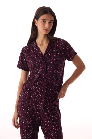 Bordo Leopar Fitilli Kısa Kollu Gömlek Pantolon Pijama Takımı