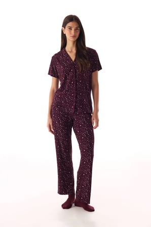 Bordo Leopar Fitilli Kısa Kollu Gömlek Pantolon Pijama Takımı