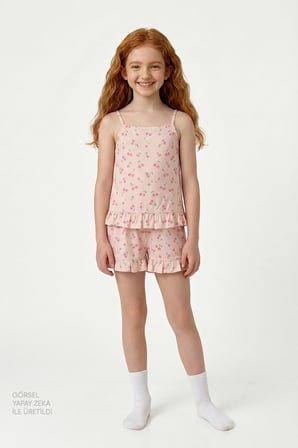Kız Çocuk Bej Pinky Kiraz Kısa Kollu Pijama Takımı