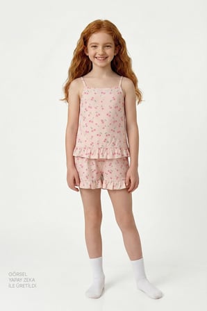 Kız Çocuk Bej Pinky Kiraz Kısa Kollu Pijama Takımı