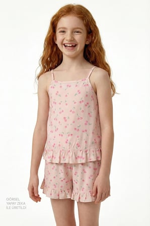 Kız Çocuk Bej Pinky Kiraz Kısa Kollu Pijama Takımı