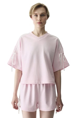 Açık Pembe Kurdele Detaylı V Yaka Oversize Üst