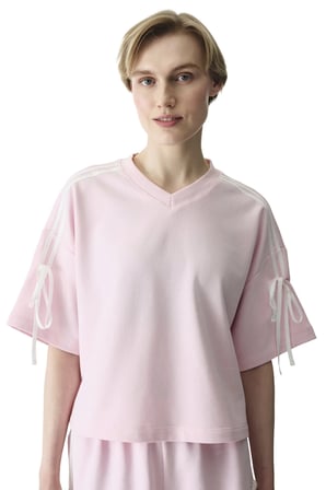 Açık Pembe Kurdele Detaylı V Yaka Oversize Üst