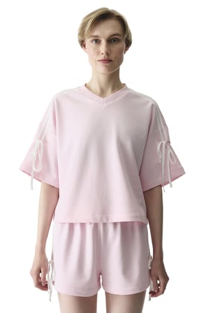 Açık Pembe Kurdele Detaylı V Yaka Oversize Üst
