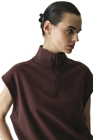 Kahverengi Yarım Fermuarlı Kısa Kollu Pamuklu Sweatshirt
