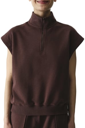 Kahverengi Yarım Fermuarlı Kısa Kollu Pamuklu Sweatshirt