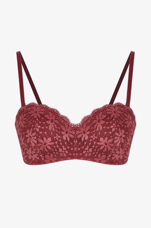 Bordo Lotus Dantelli Çiçekli Pedli Sütyen