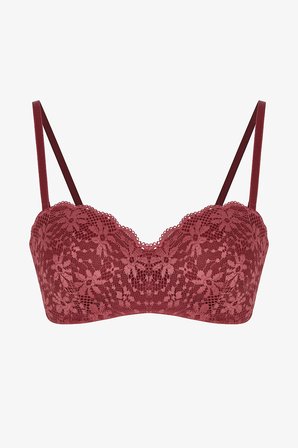 Bordo Lotus Straplez Lace Dantel Balenli Sütyen