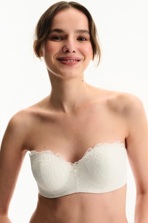 Kırık Beyaz Lotus Straplez Broidery Balenli Sütyen