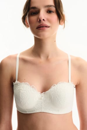 Kırık Beyaz Lotus Straplez Broidery Balenli Sütyen
