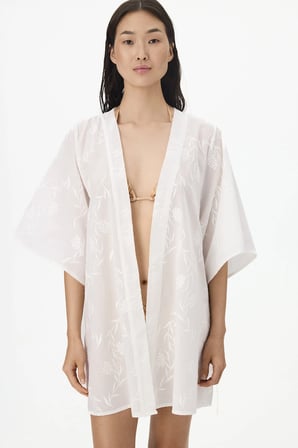 Beyaz Carine Çiçekli 3/4 Kollu Kimono